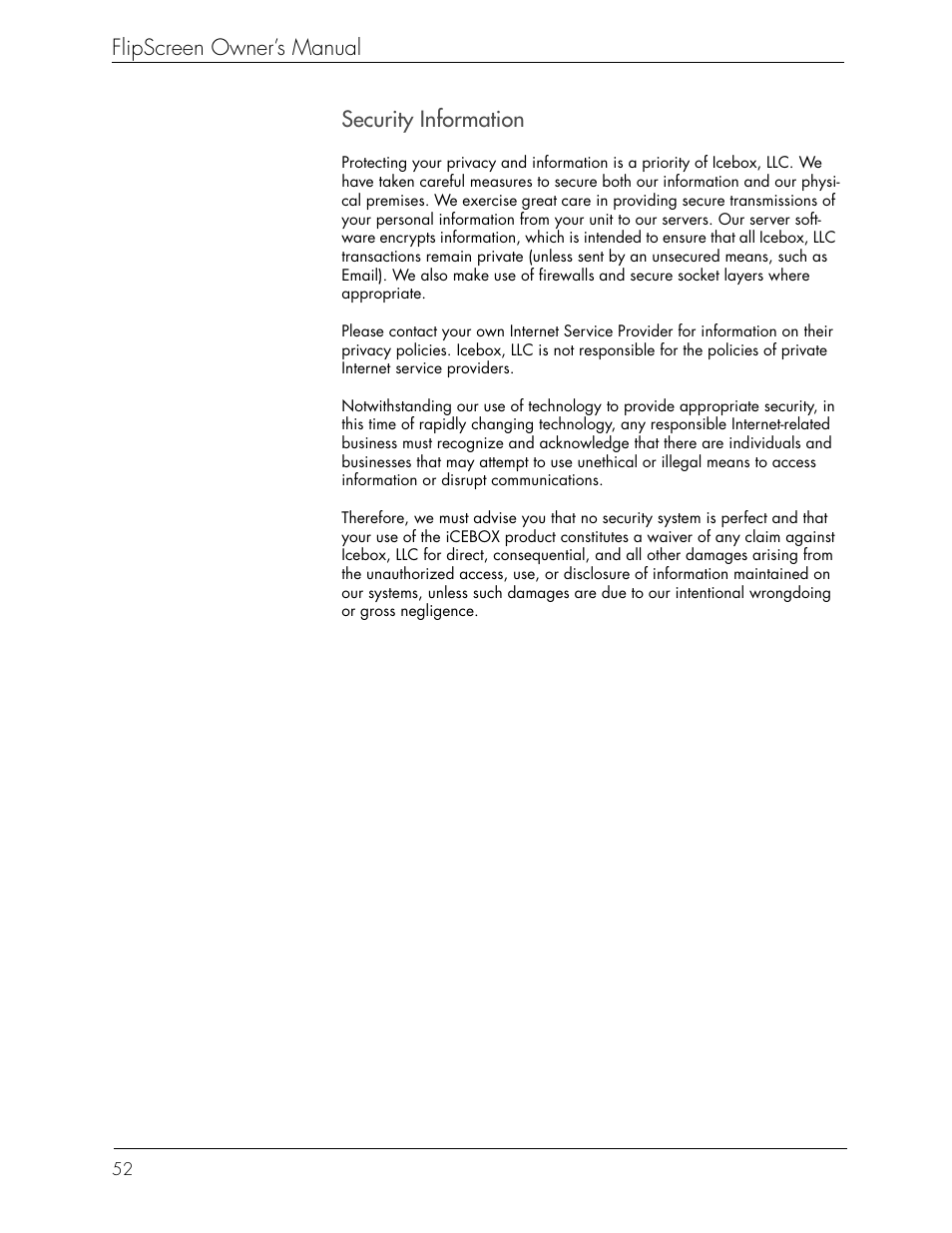 Flipscreen owner’s manual, Security information | Beyond FlipScreen User Manual | Page 58 / 73