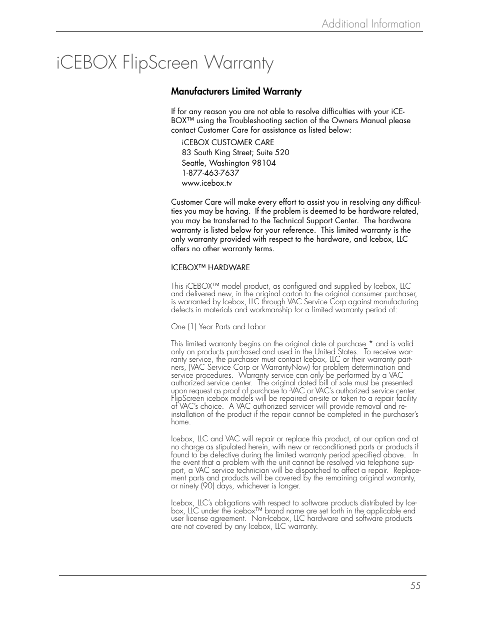 Icebox flipscreen warranty, Additional information | Beyond FlipScreen User Manual | Page 61 / 73