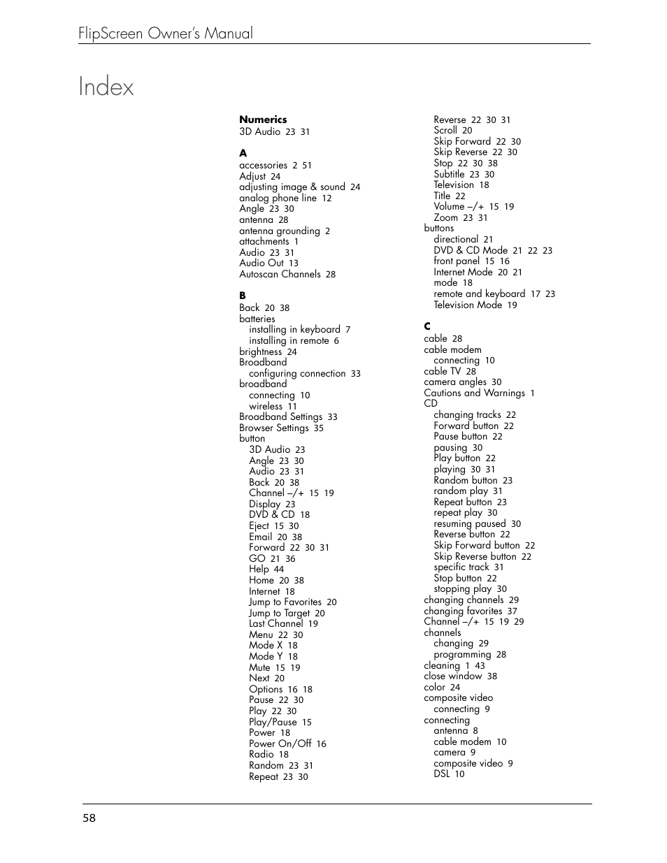 Index, Flipscreen owner’s manual | Beyond FlipScreen User Manual | Page 64 / 73