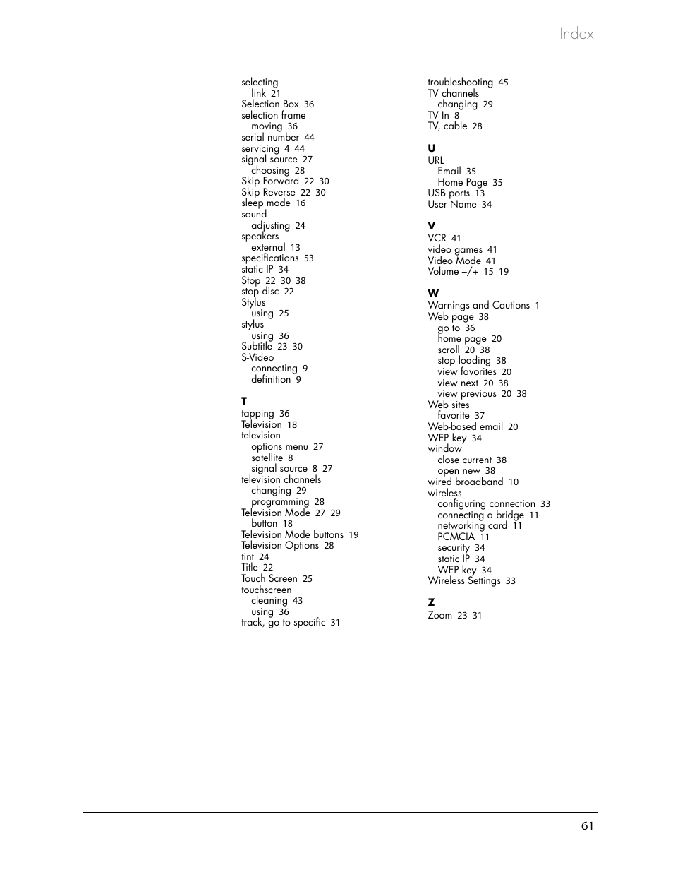 Index | Beyond FlipScreen User Manual | Page 67 / 73