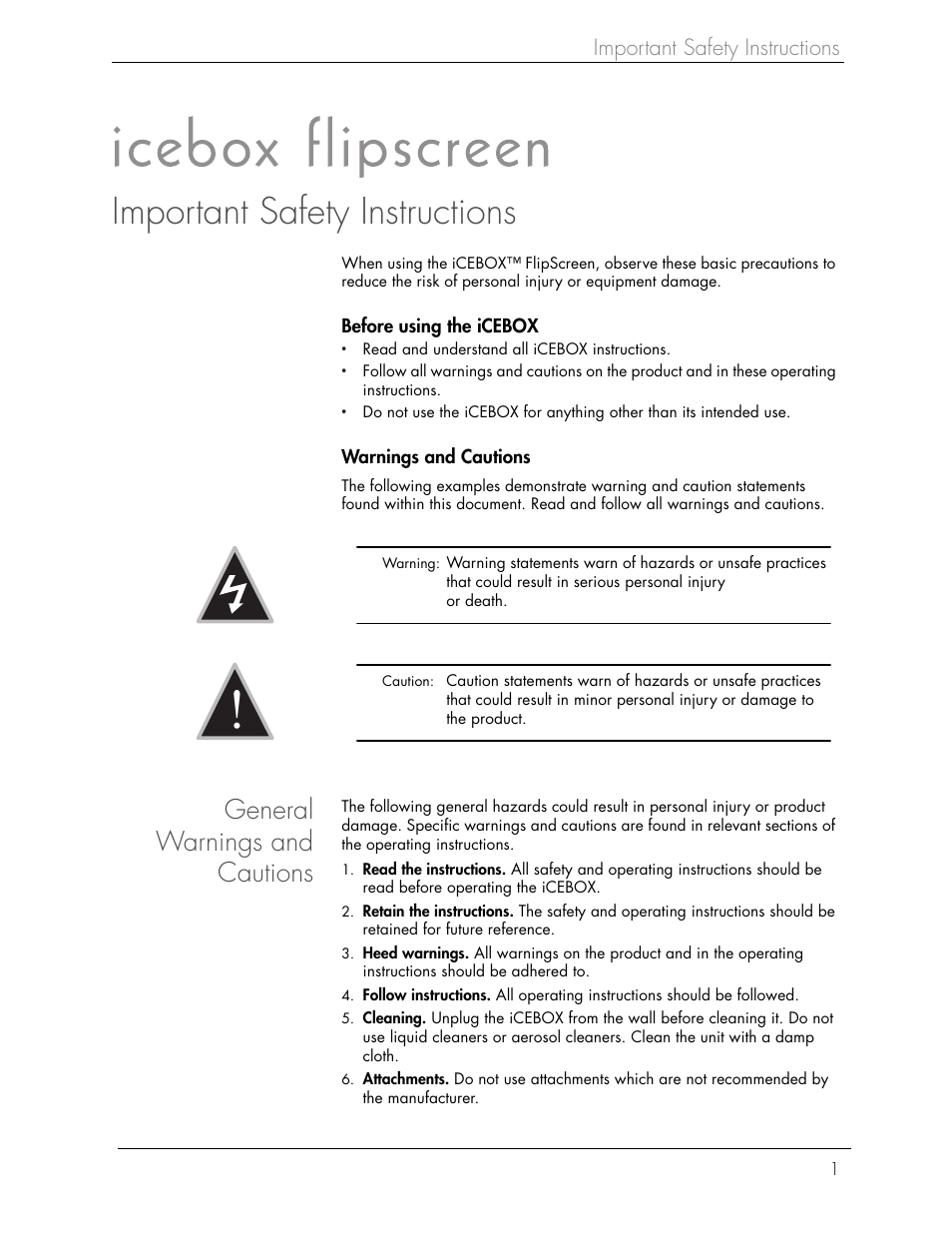 Important safety instructions, General warnings and cautions | Beyond FlipScreen User Manual | Page 7 / 73