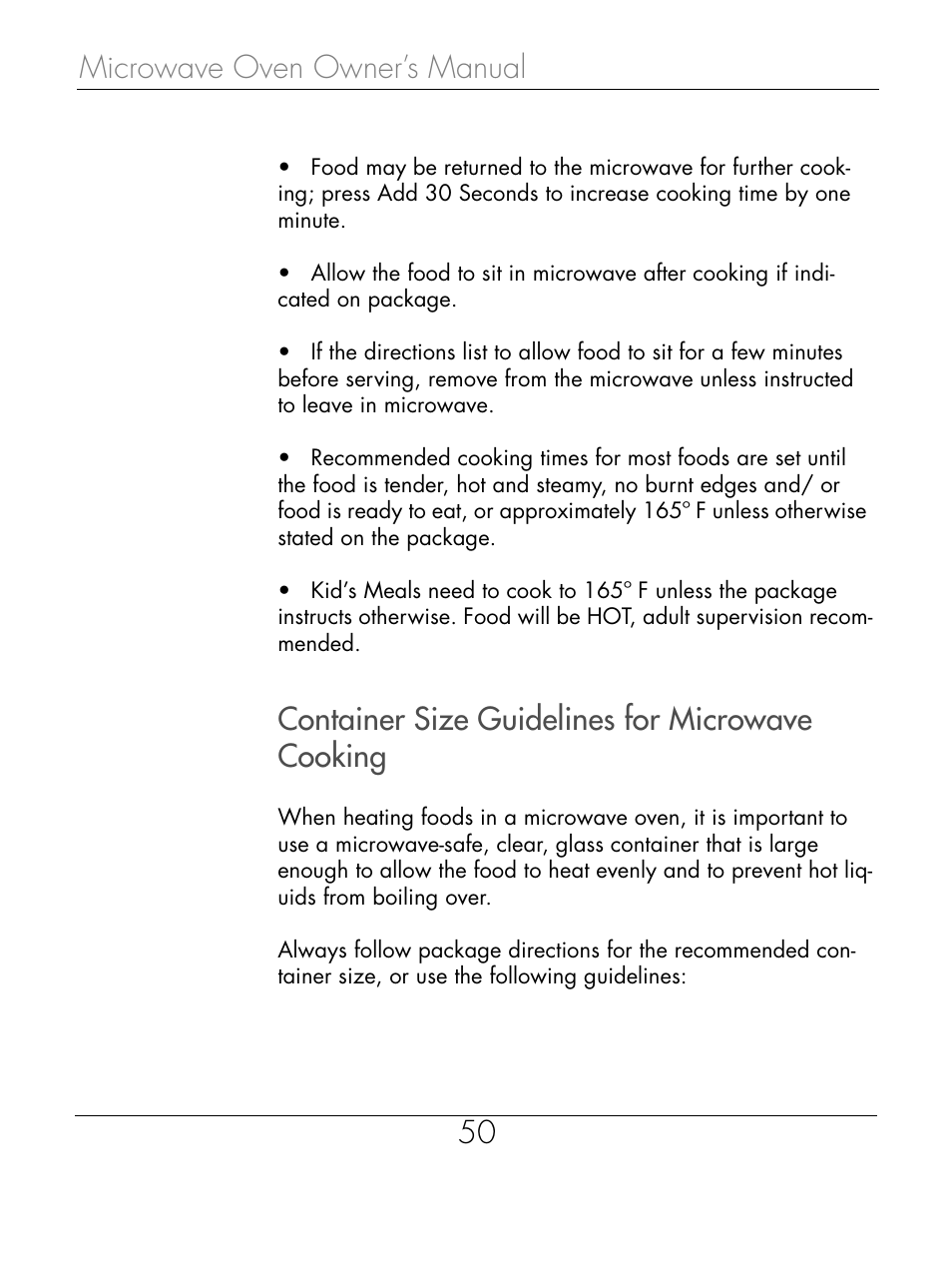 Microwave oven owner’s manual 50, Container size guidelines for microwave cooking | Beyond Microwace Oven User Manual | Page 52 / 86