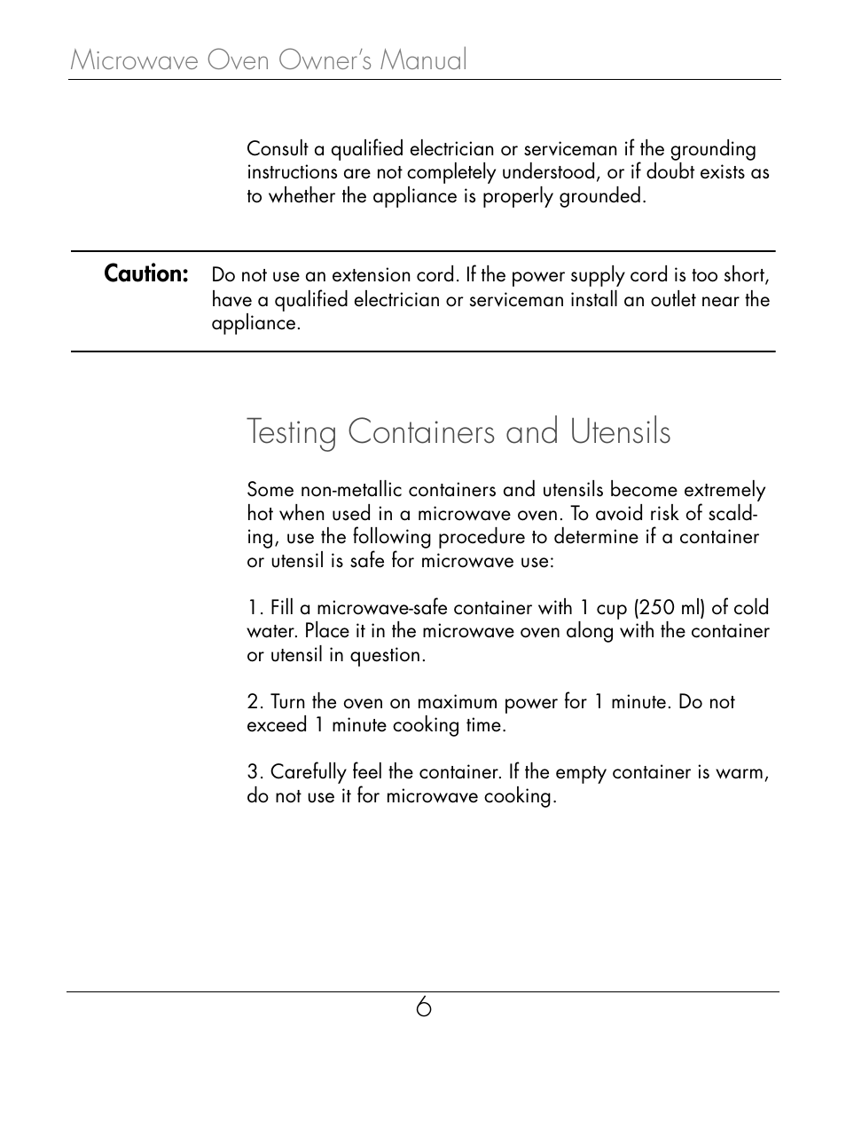 Testing containers and utensils, Microwave oven owner’s manual 6 | Beyond Microwace Oven User Manual | Page 8 / 86