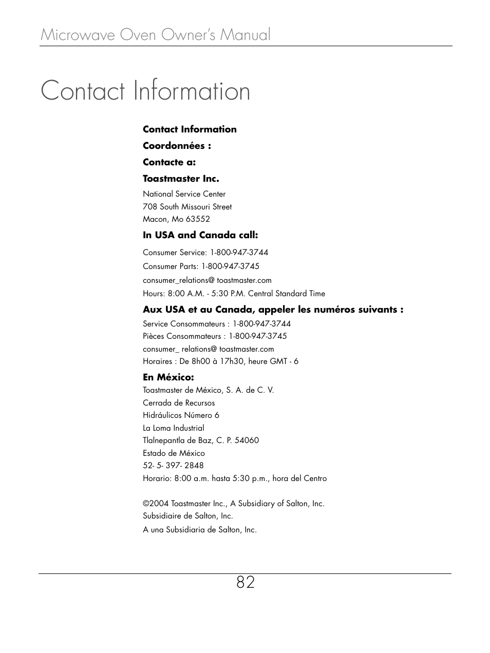 Contact information, Microwave oven owner’s manual 82 | Beyond Microwace Oven User Manual | Page 84 / 86