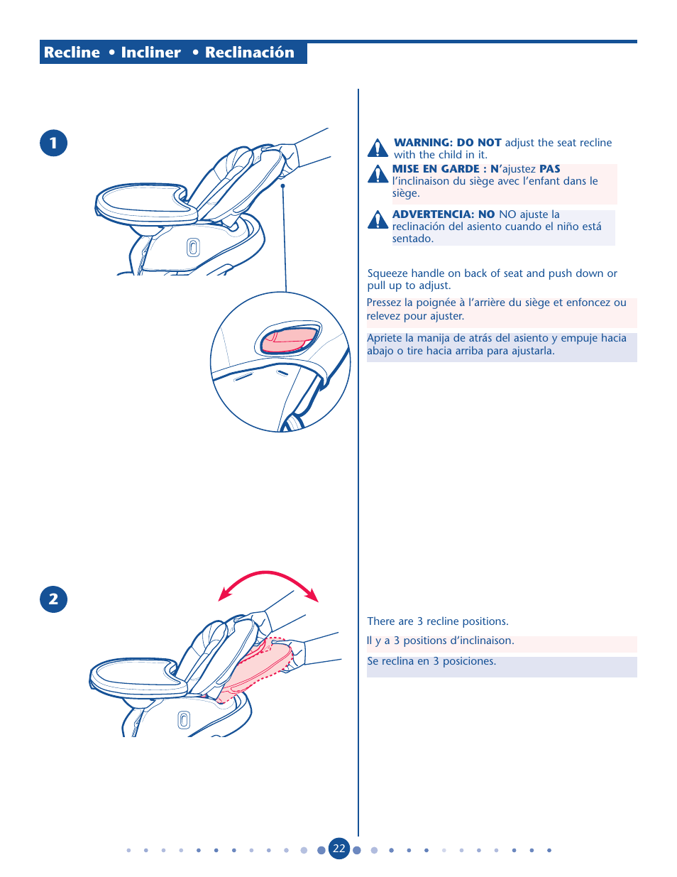 Recline • incliner • reclinación | Graco Blossom User Manual | Page 22 / 36