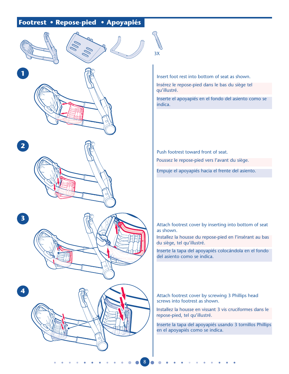 Footrest • repose-pied • apoyapiés | Graco Blossom User Manual | Page 8 / 36