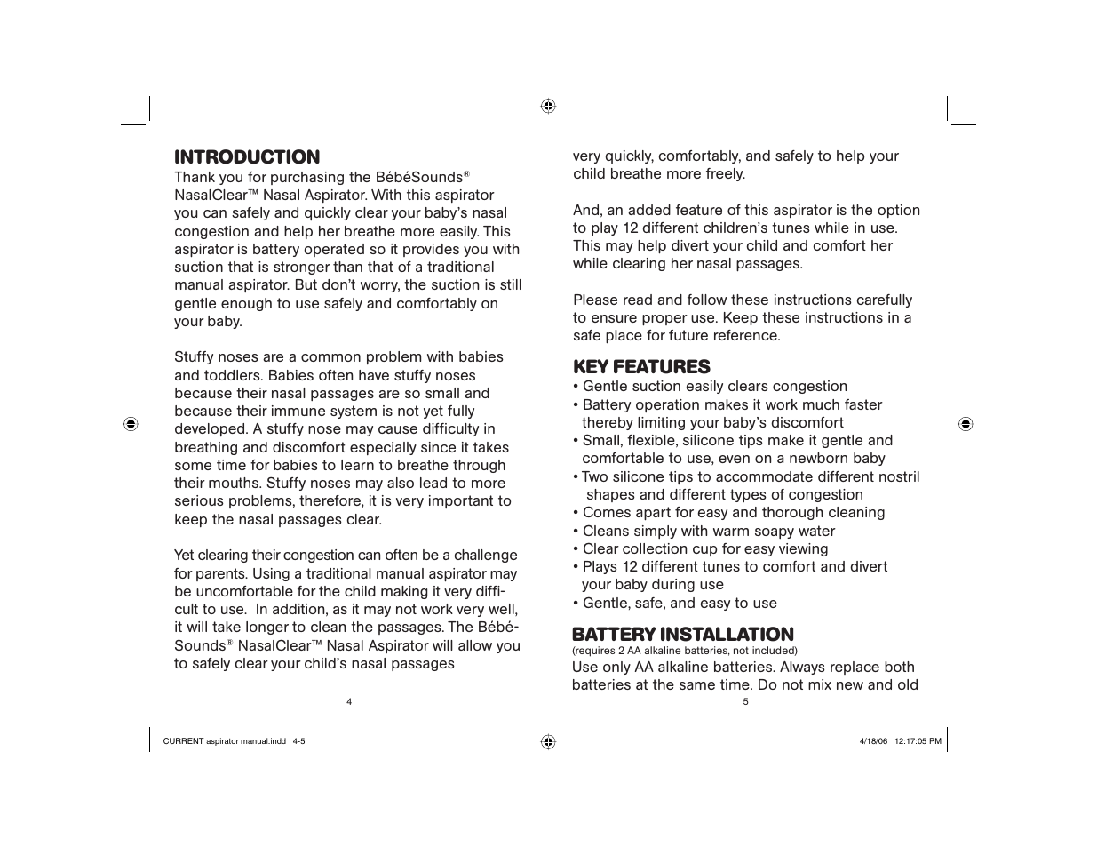 Key features, Battery installation, Introduction | Bebe Sounds NASALCLEAR #BR140 User Manual | Page 3 / 15