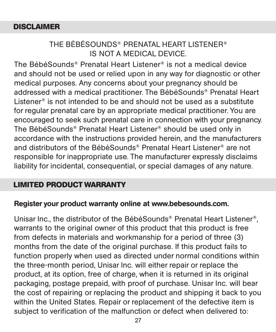 The bébésounds, Prenatal heart listener, Is not a medical device. the bébésounds | Bebe Sounds Be005 User Manual | Page 27 / 61