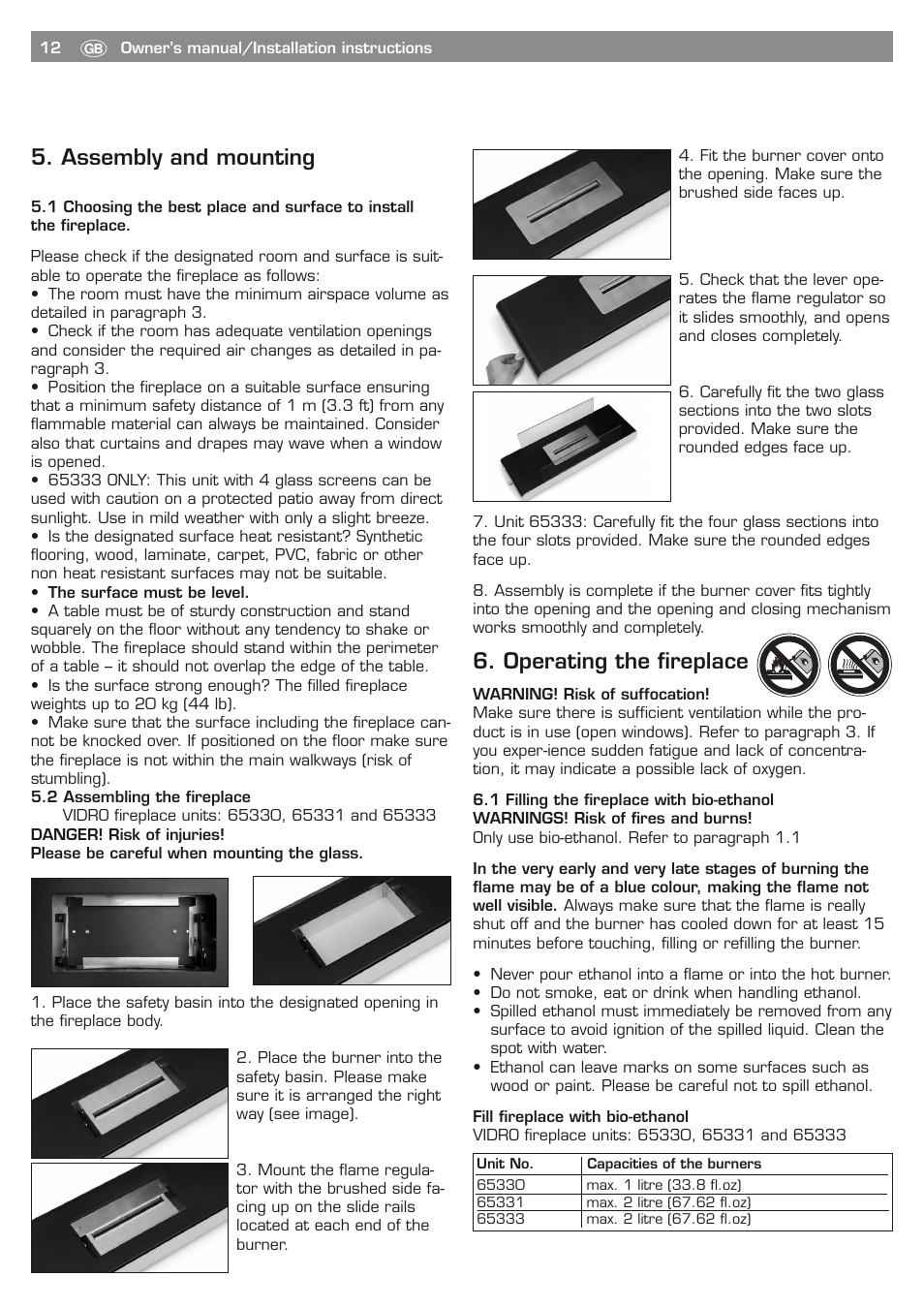 Operating the fireplace, Assembly and mounting | Blomus PURE LIFE 65330 User Manual | Page 12 / 40
