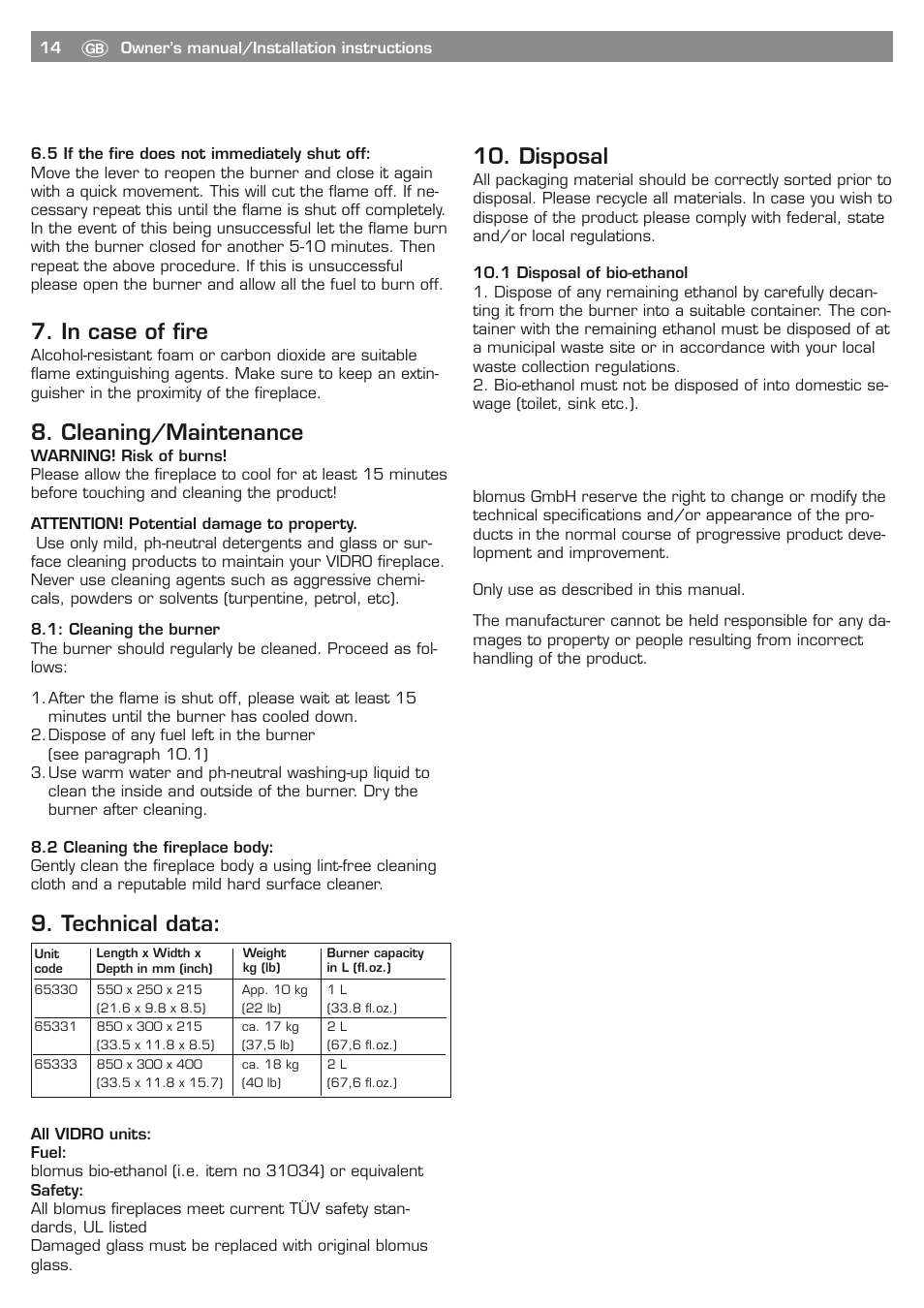 Cleaning/maintenance, Technical data, Disposal | Blomus PURE LIFE 65330 User Manual | Page 14 / 40