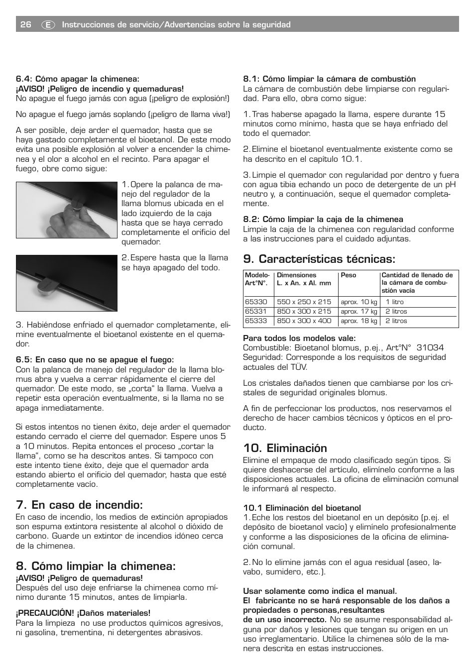 En caso de incendio, Cómo limpiar la chimenea, Características técnicas | Eliminación | Blomus PURE LIFE 65330 User Manual | Page 26 / 40