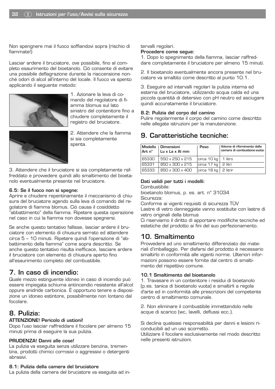 Pulizia, Caratteristiche tecniche, Smaltimento | Blomus PURE LIFE 65330 User Manual | Page 32 / 40