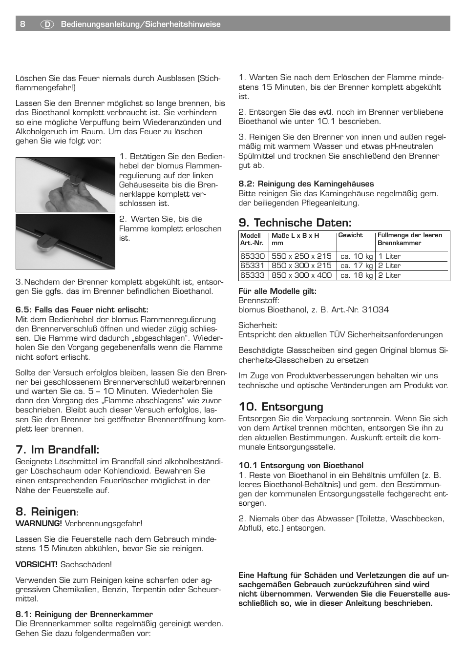 Im brandfall, Reinigen, Technische daten | Entsorgung | Blomus PURE LIFE 65330 User Manual | Page 8 / 40