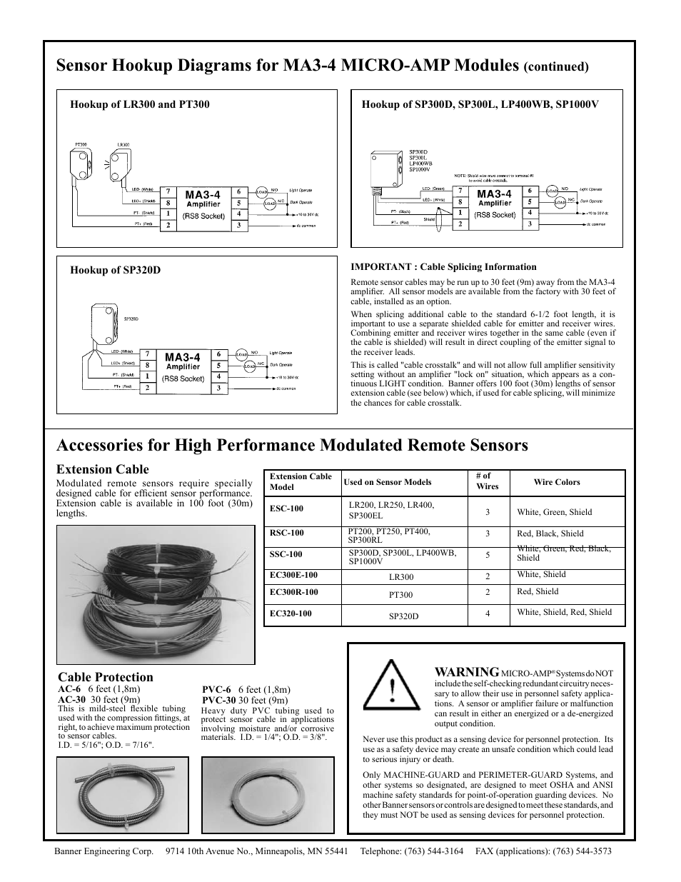Sensor hookup diagrams for ma3-4 micro-amp modules, Extension cable, Continued) | Warning, Cable protection | Banner MA3-4 User Manual | Page 6 / 7