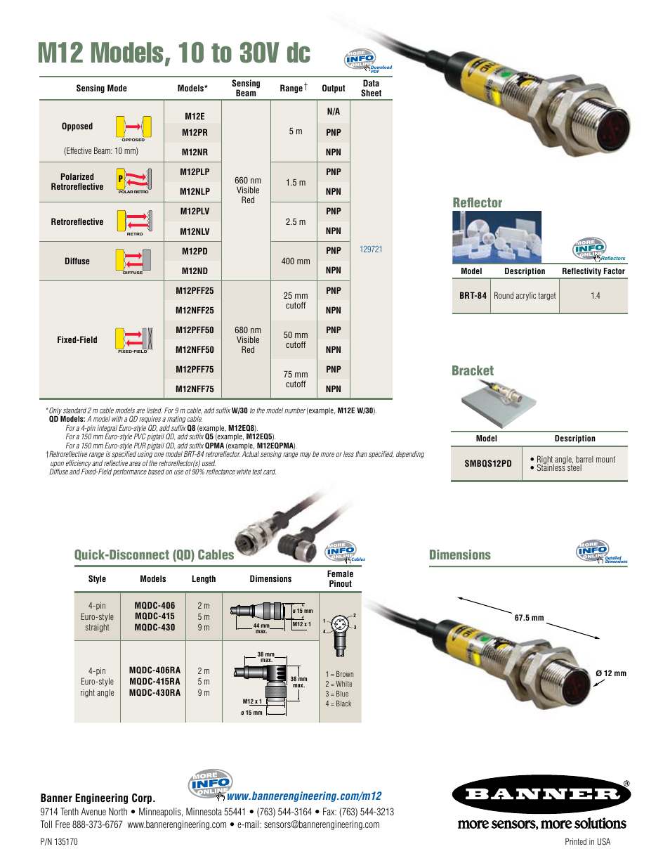 Dimensions, Quick-disconnect (qd) cables, Reflector | Bracket, Banner engineering corp | Banner M12 User Manual | Page 2 / 2