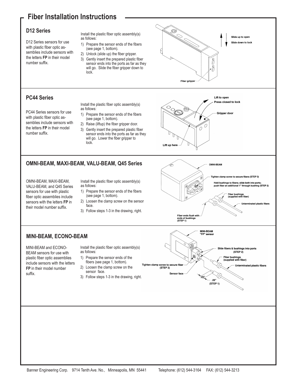 Fiber installation instructions, D12 series, Omni-beam, maxi-beam, valu-beam, q45 series | Mini-beam, econo-beam, Pc44 series | Banner Plastic Fiber Optic PBT46UC User Manual | Page 2 / 2