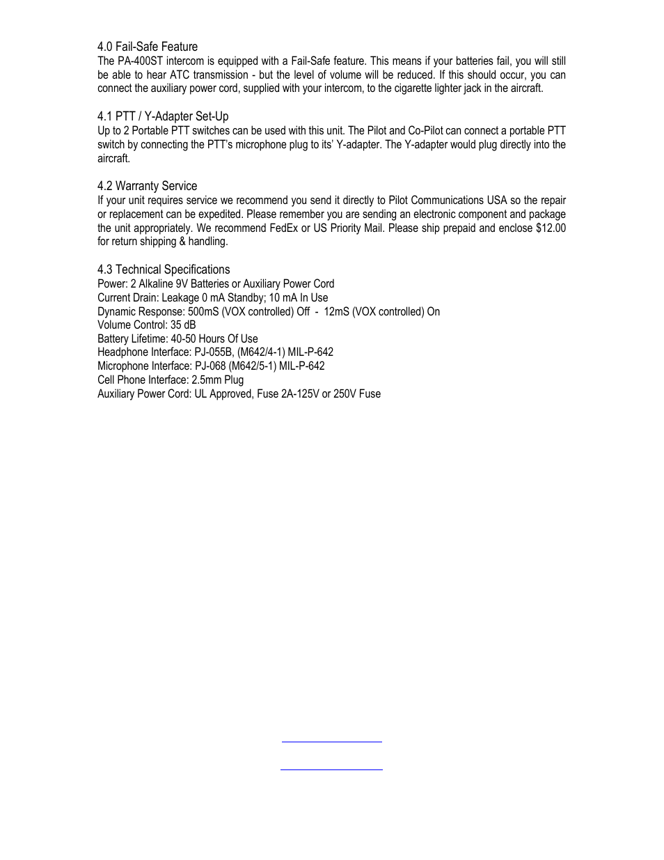 Pilot USA PA-400ST User Manual | Page 4 / 4