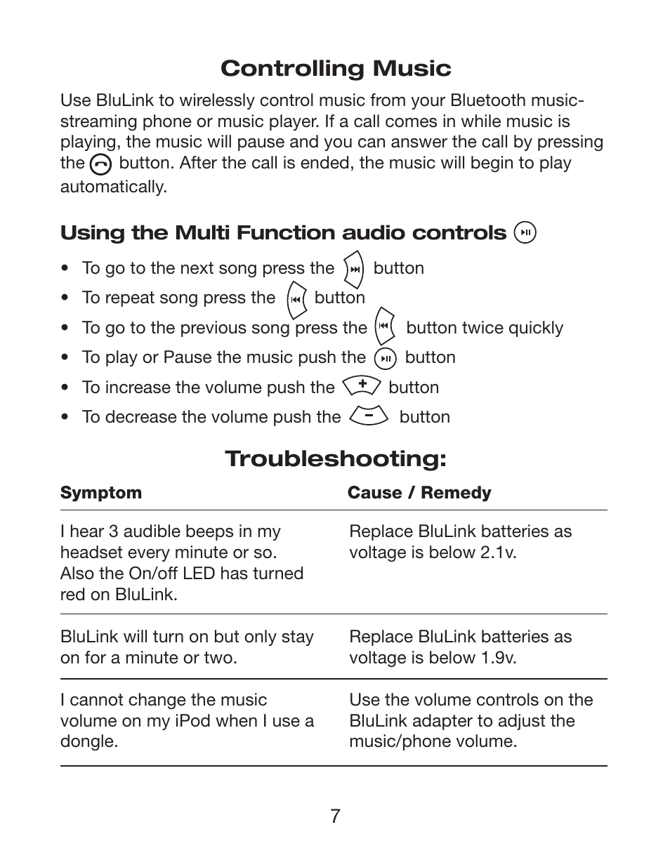 Controlling music, Troubleshooting | Pilot USA BluLink User Manual | Page 7 / 8