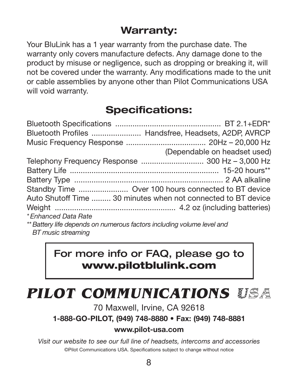 Warranty, Specifications | Pilot USA BluLink User Manual | Page 8 / 8