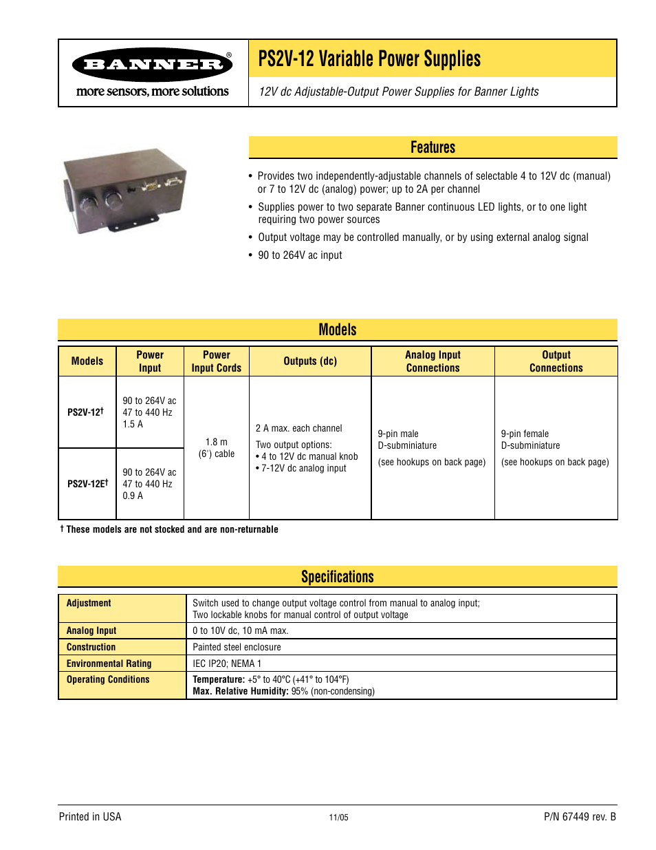 Banner PS2V-12 User Manual | 2 pages