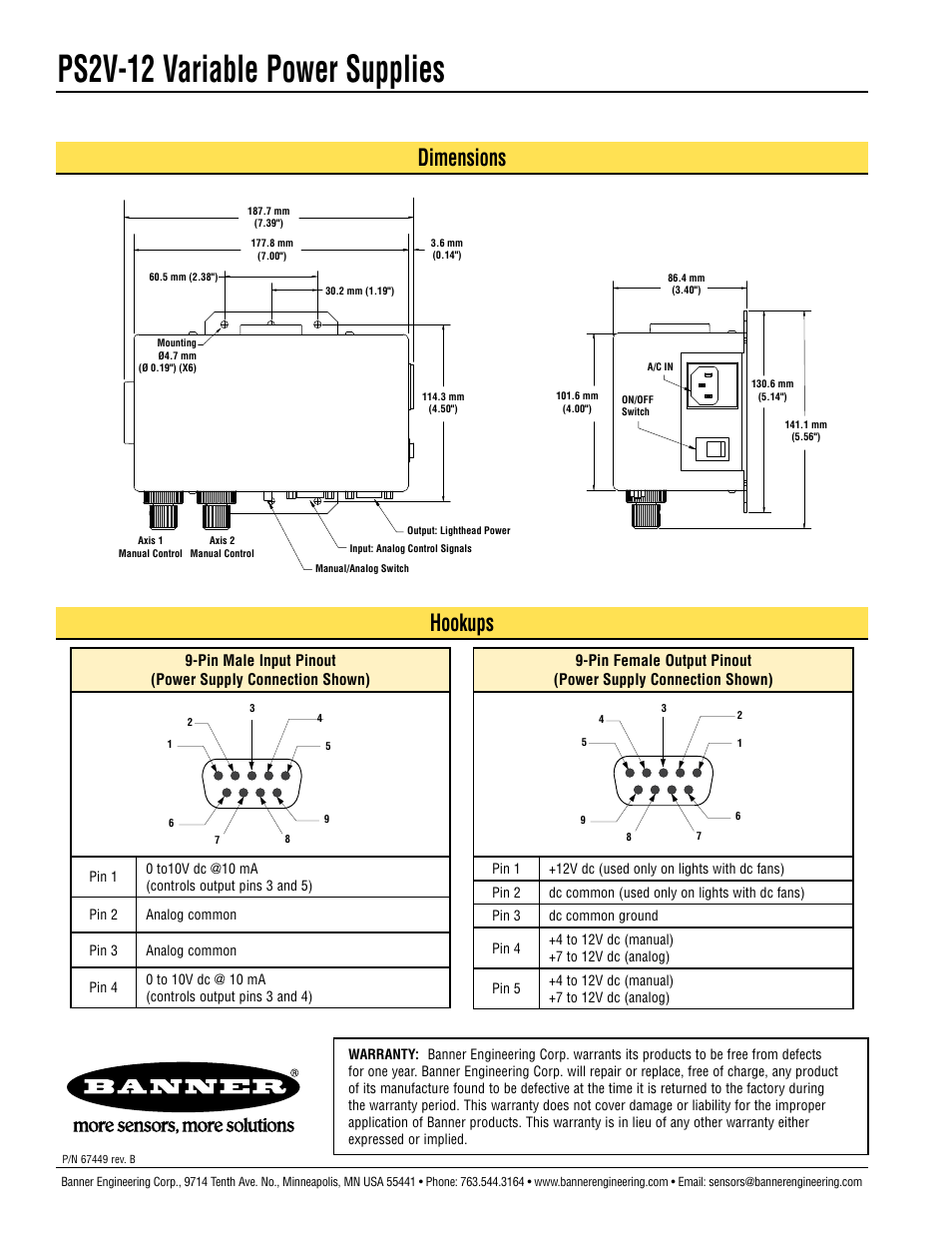 Ps2v-12 variable power supplies, Dimensions, Hookups | Banner PS2V-12 User Manual | Page 2 / 2