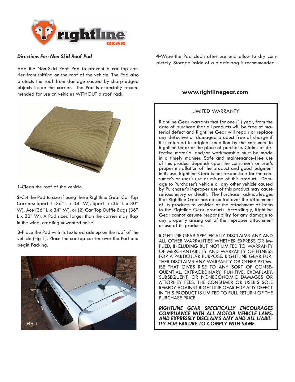 Rightline Gear Non-Skid Roof Pad User Manual | 1 page