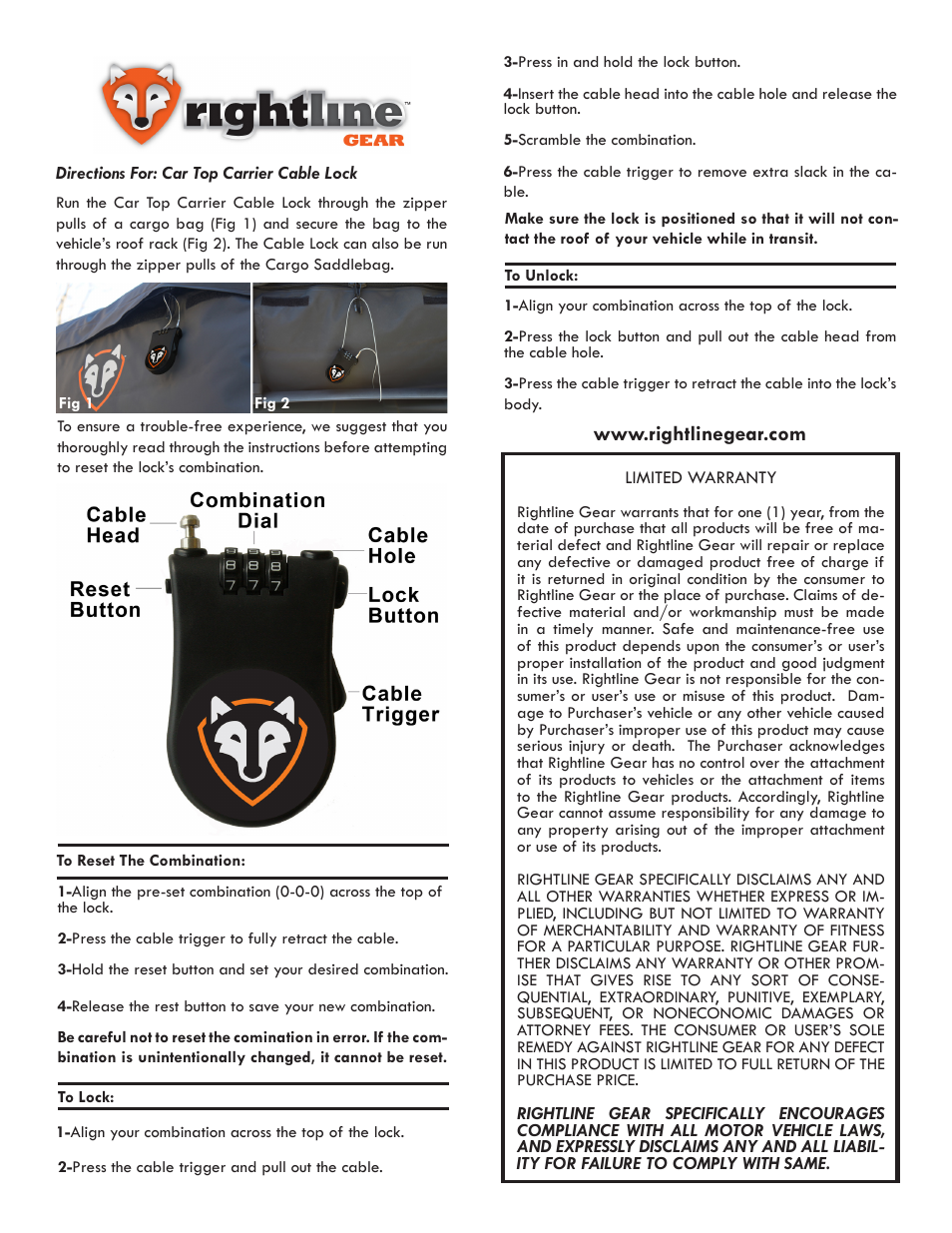 Rightline Gear Car Top Carrier Cable Lock User Manual | 1 page