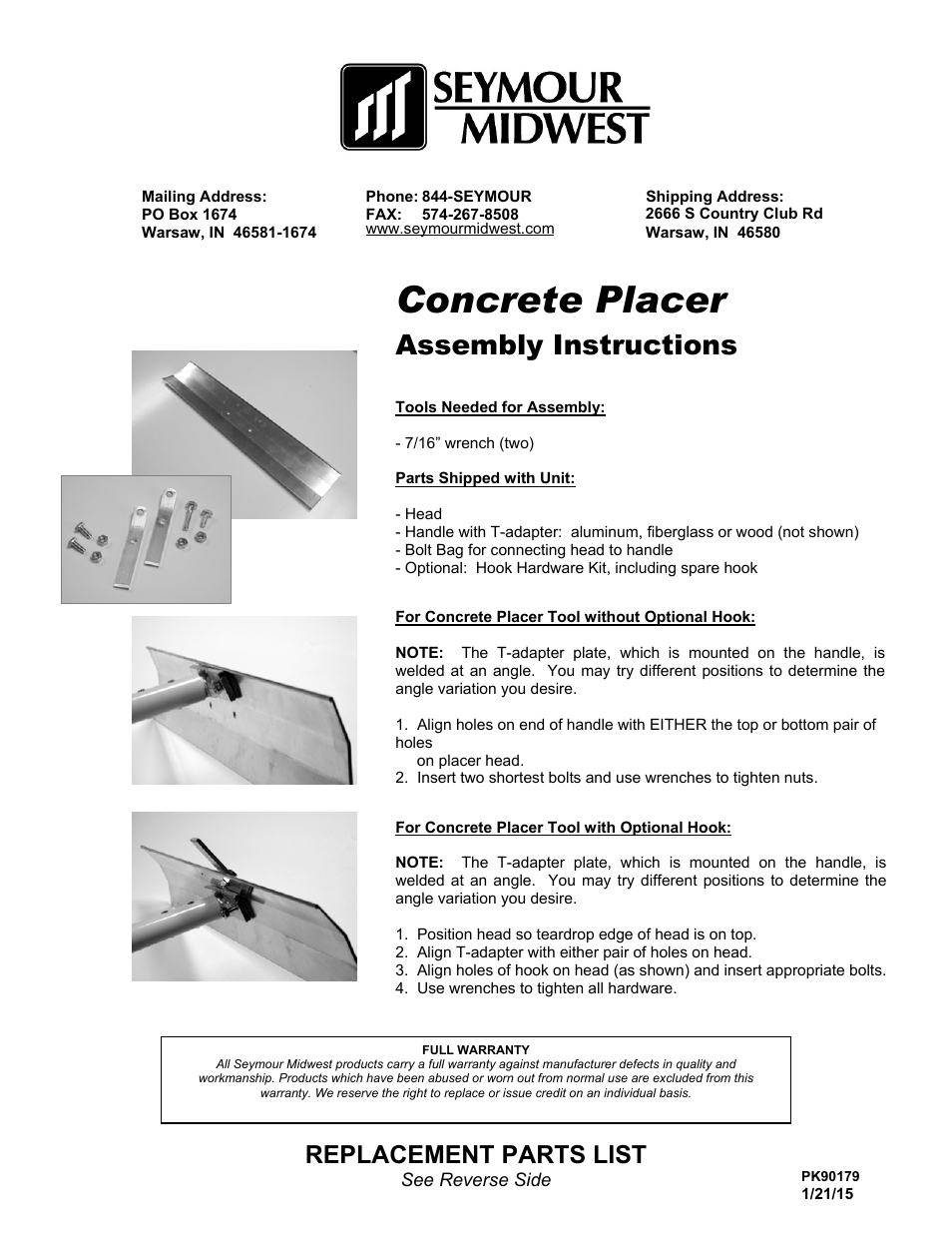 Seymour Midwest Concrete Placer(PK90179) User Manual | 2 pages