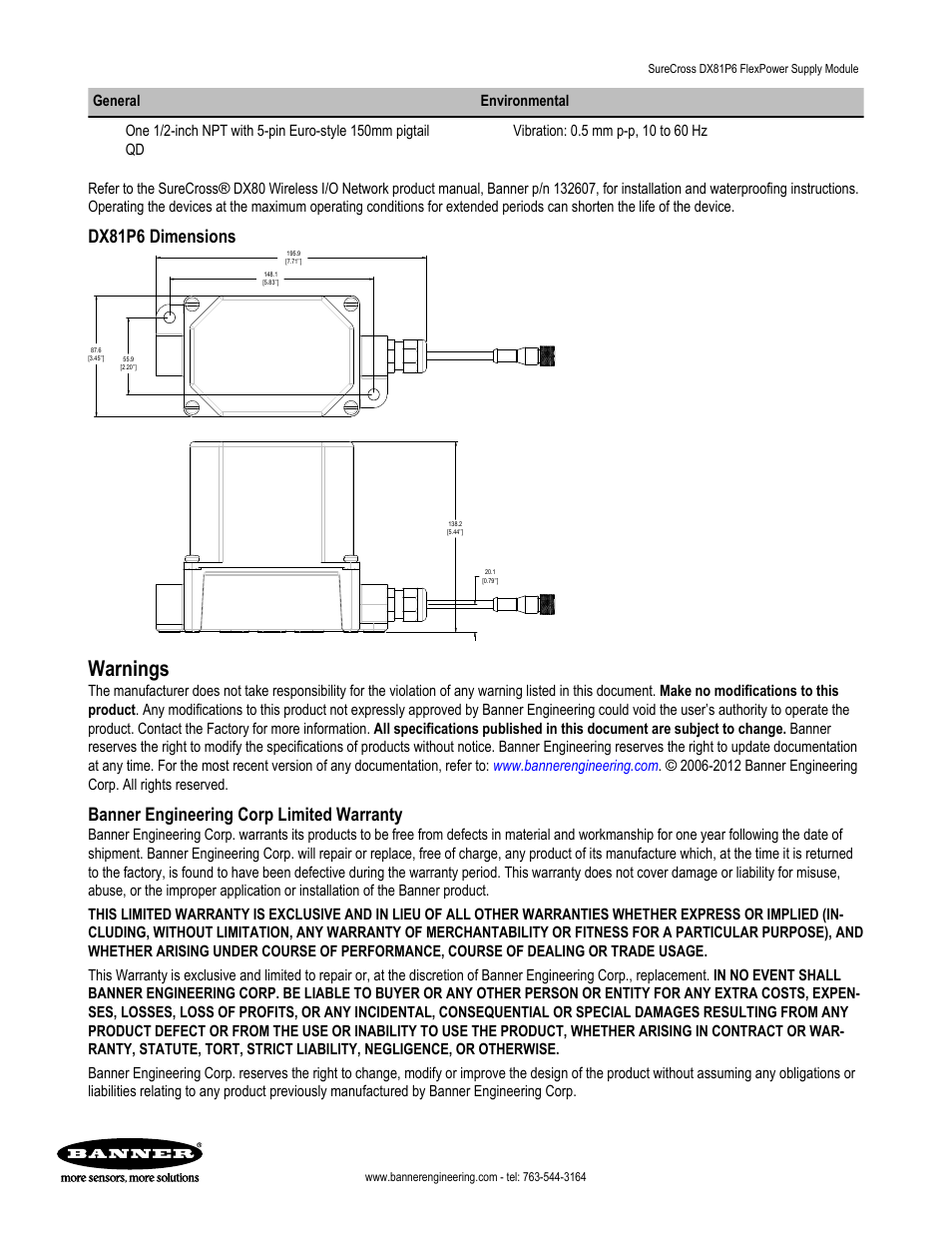 Warnings, Dx81p6 dimensions, Banner engineering corp limited warranty | Banner FlexPower DX81P6 User Manual | Page 2 / 2