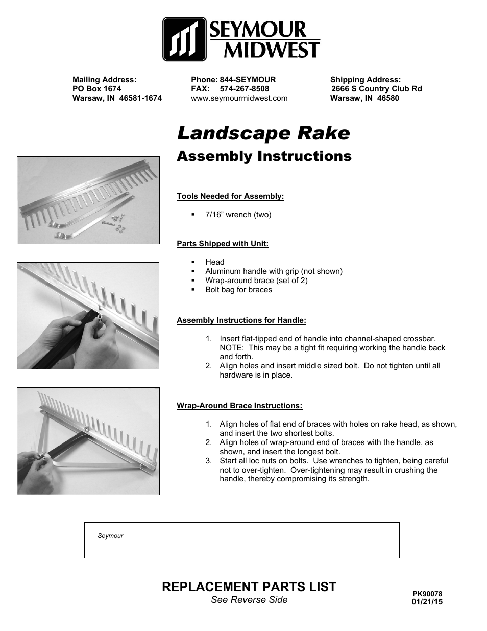 Seymour Midwest Landscape Rake(PK90078) User Manual | 2 pages