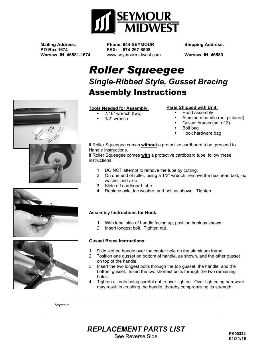 Seymour Midwest Roller Squeegee, Single Ribbed w/ Gusset Bracing(PK90332) User Manual | 2 pages
