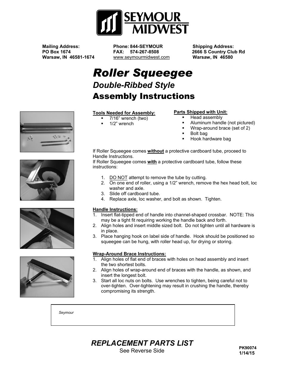 Seymour Midwest Roller Squeegee, Double Ribbed(PK90074) User Manual | 2 pages