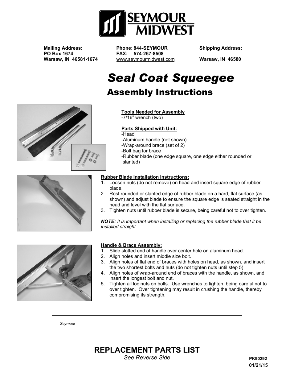 Seymour Midwest Seal Coat Squeegee(PK90292) User Manual | 2 pages