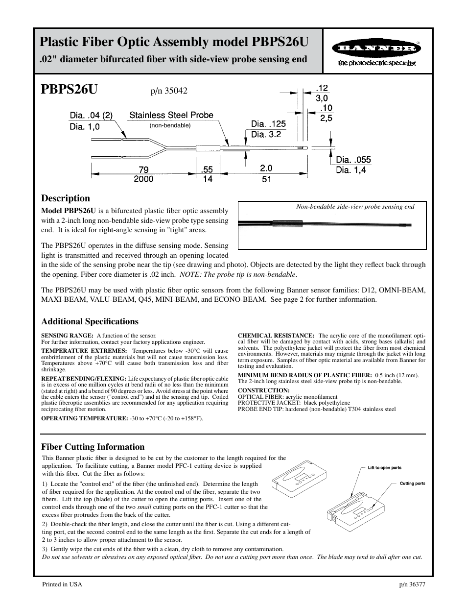 Banner Plastic Fiber Optic Assembly PBPS26U User Manual | 2 pages