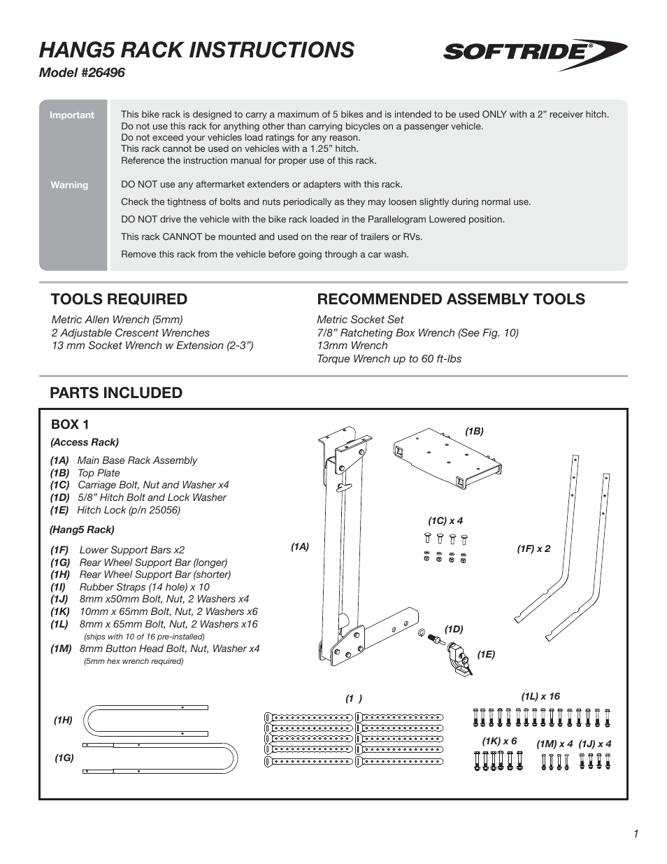 Softride 26496 Hang5 bike rack (New) User Manual | 15 pages