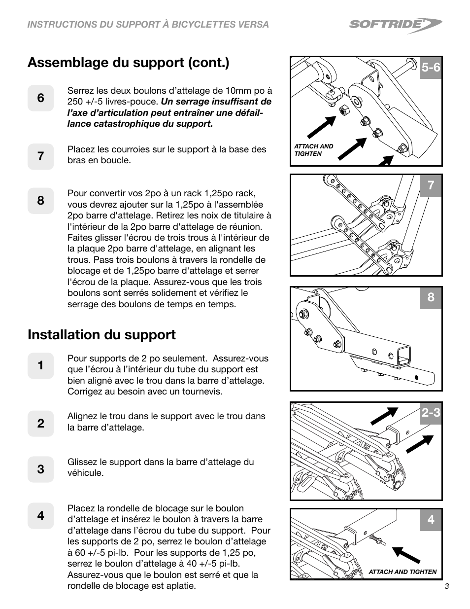 Assemblage du support (cont.), Installation du support | Softride 26249 Versa 2 bike rack User Manual | Page 11 / 18
