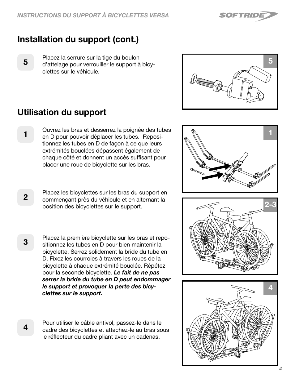 Utilisation du support, Installation du support (cont.) | Softride 26249 Versa 2 bike rack User Manual | Page 12 / 18