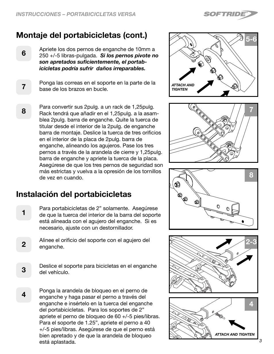 Montaje del portabicicletas (cont.), Instalación del portabicicletas | Softride 26249 Versa 2 bike rack User Manual | Page 16 / 18