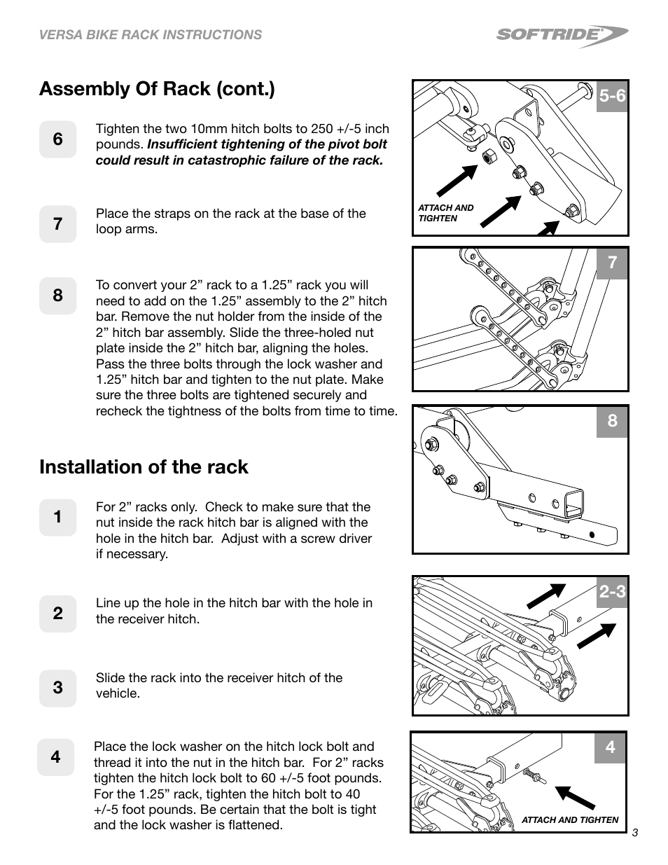 Assembly of rack (cont.), Installation of the rack | Softride 26249 Versa 2 bike rack User Manual | Page 3 / 18