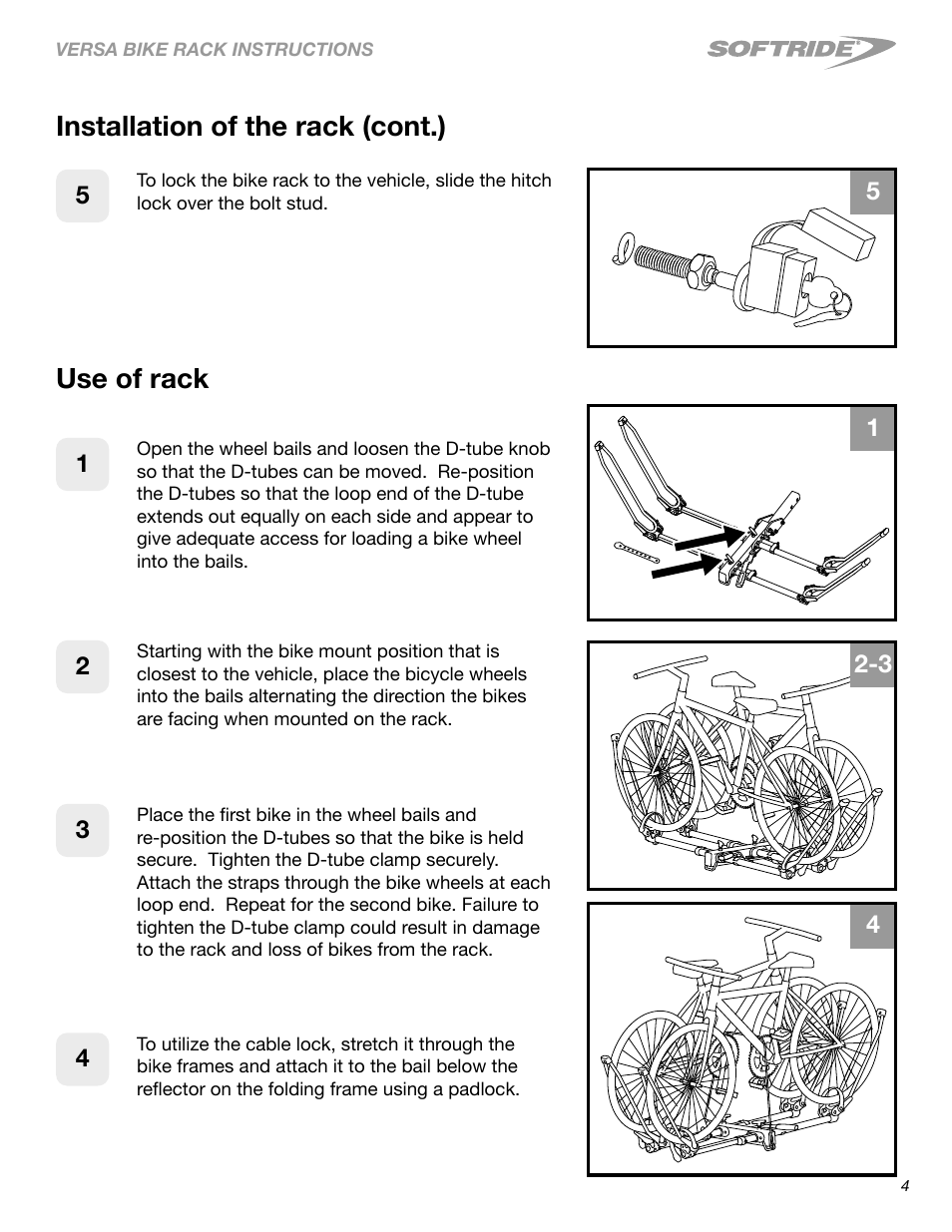 Use of rack, Installation of the rack (cont.) | Softride 26249 Versa 2 bike rack User Manual | Page 4 / 18