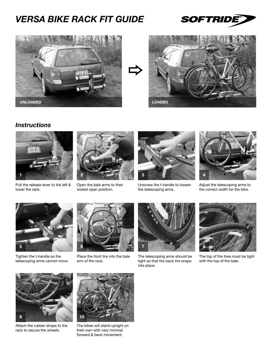Versa bike rack fit guide, Instructions | Softride 26249 Versa 2 bike rack User Manual | Page 6 / 18