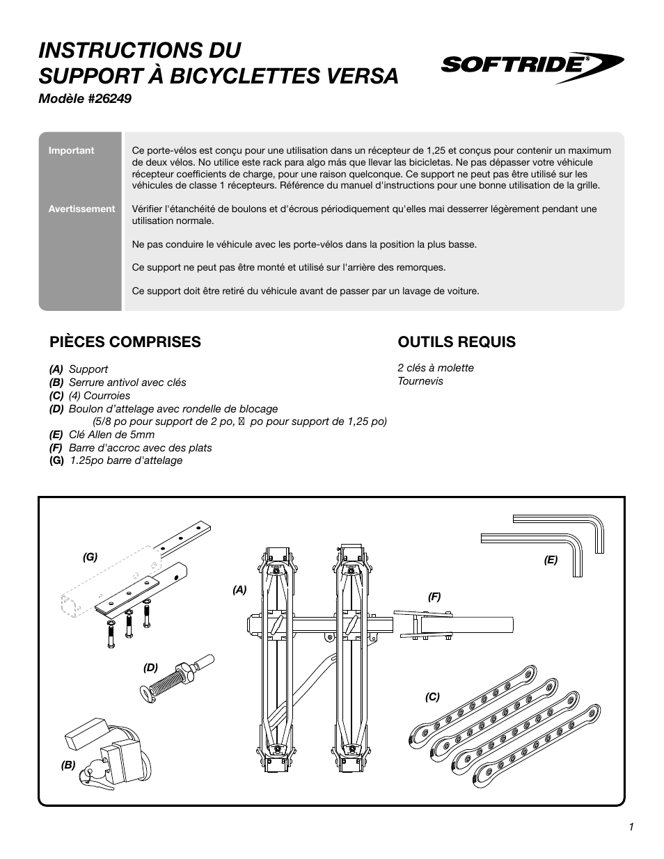 Instructions du support à bicyclettes versa, Outils requis pièces comprises | Softride 26249 Versa 2 bike rack User Manual | Page 9 / 18