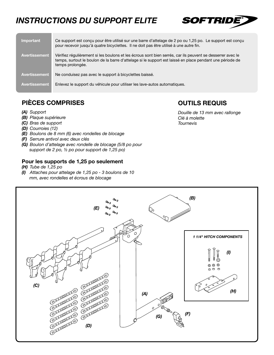 Instructions du support elite, Pièces comprises, Outils requis | Softride Elite 4 bike rack User Manual | Page 5 / 14