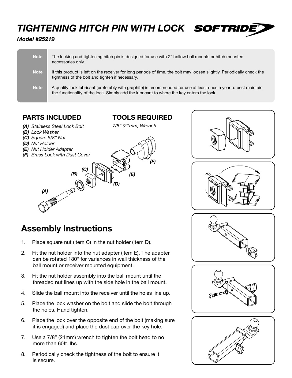 Softride 25219 Anti-Rattle Tightening Hitch Pin with Lock User Manual | 2 pages