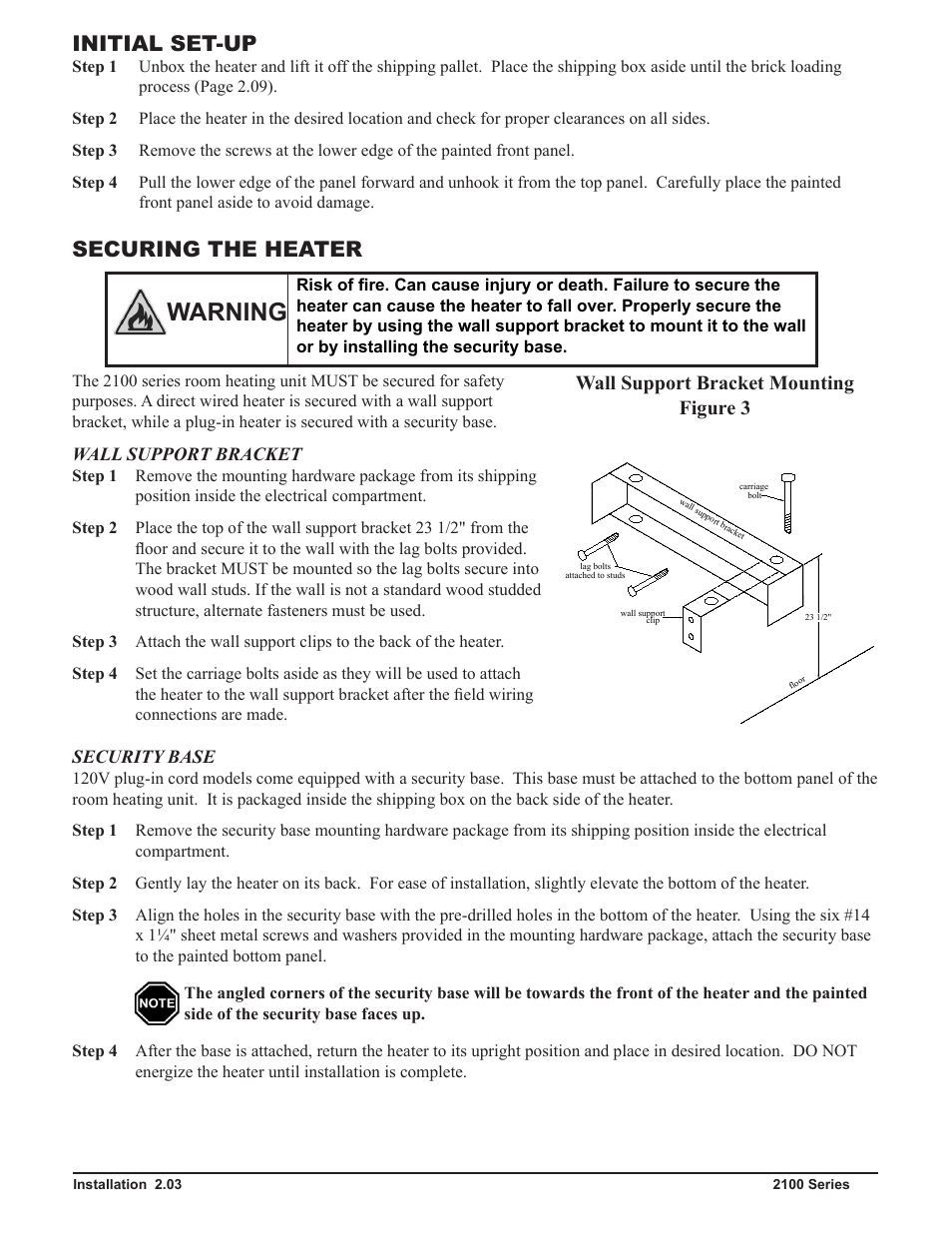 Warning, Initial set-up, Securing the heater | Wall support bracket mounting figure 3 | Steffes 2106 Owner & Installers Manual User Manual | Page 10 / 28