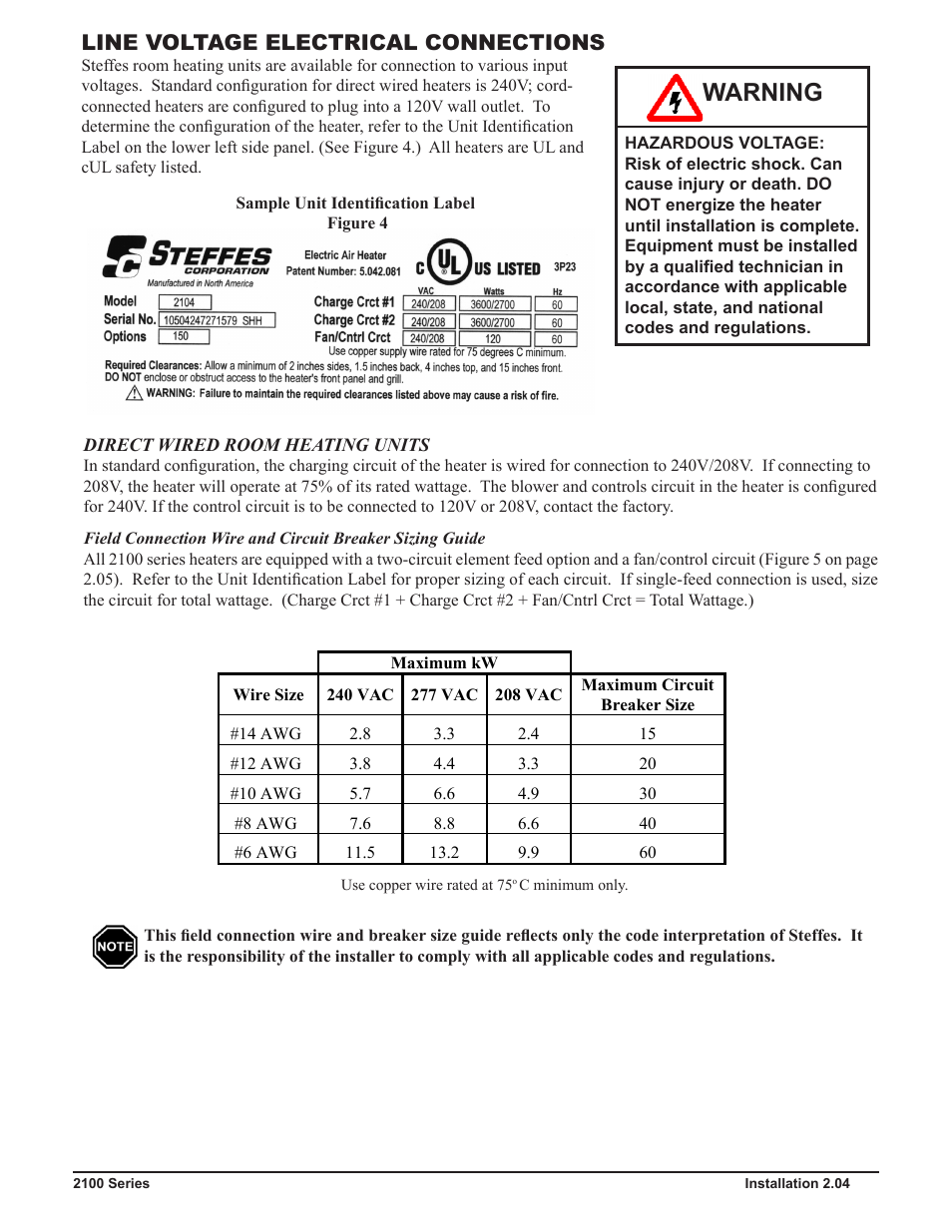 Warning, Line voltage electrical connections | Steffes 2106 Owner & Installers Manual User Manual | Page 11 / 28