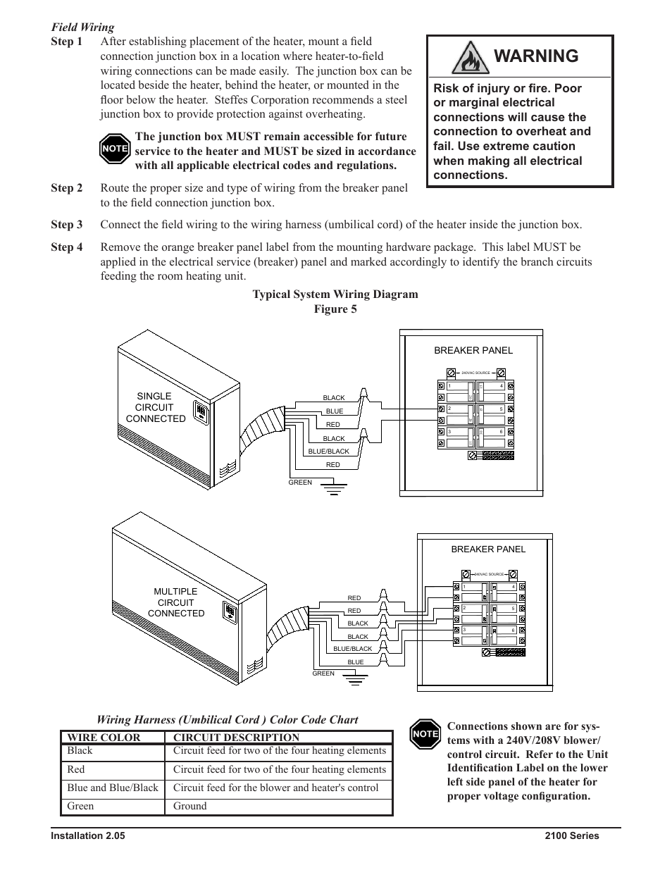 Warning, Wiring harness (umbilical cord ) color code chart | Steffes 2106 Owner & Installers Manual User Manual | Page 12 / 28