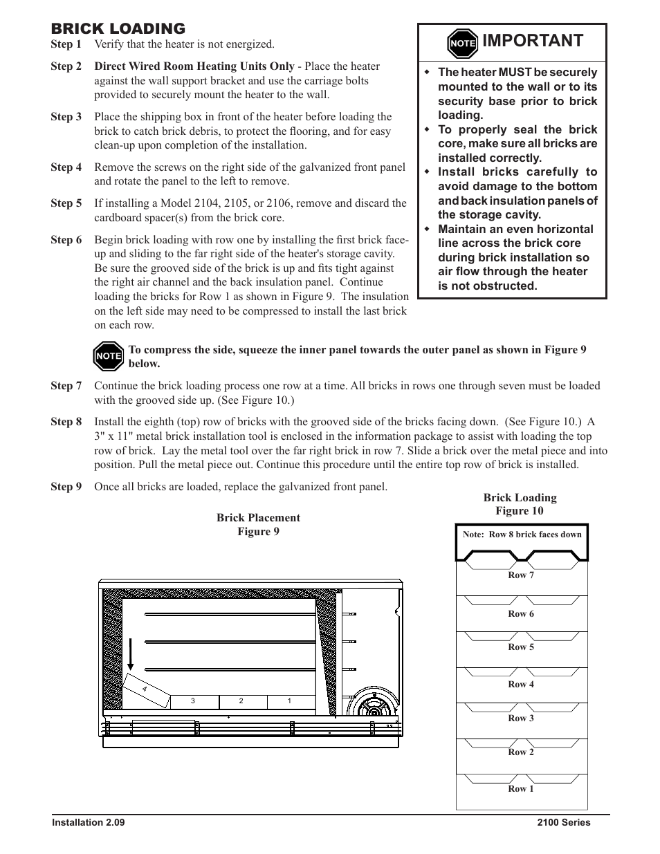 Important, Brick loading | Steffes 2106 Owner & Installers Manual User Manual | Page 16 / 28