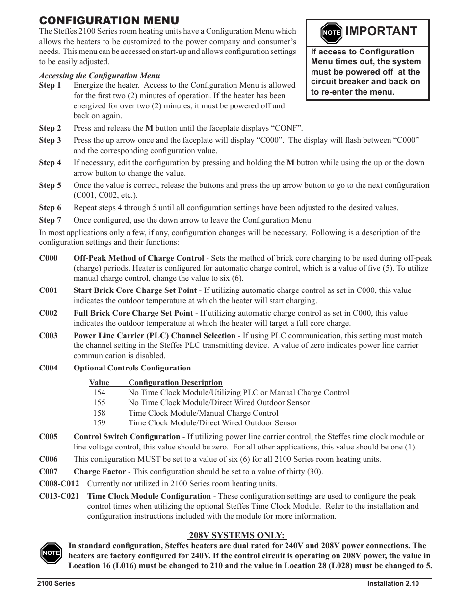 Important, Configuration menu | Steffes 2106 Owner & Installers Manual User Manual | Page 17 / 28