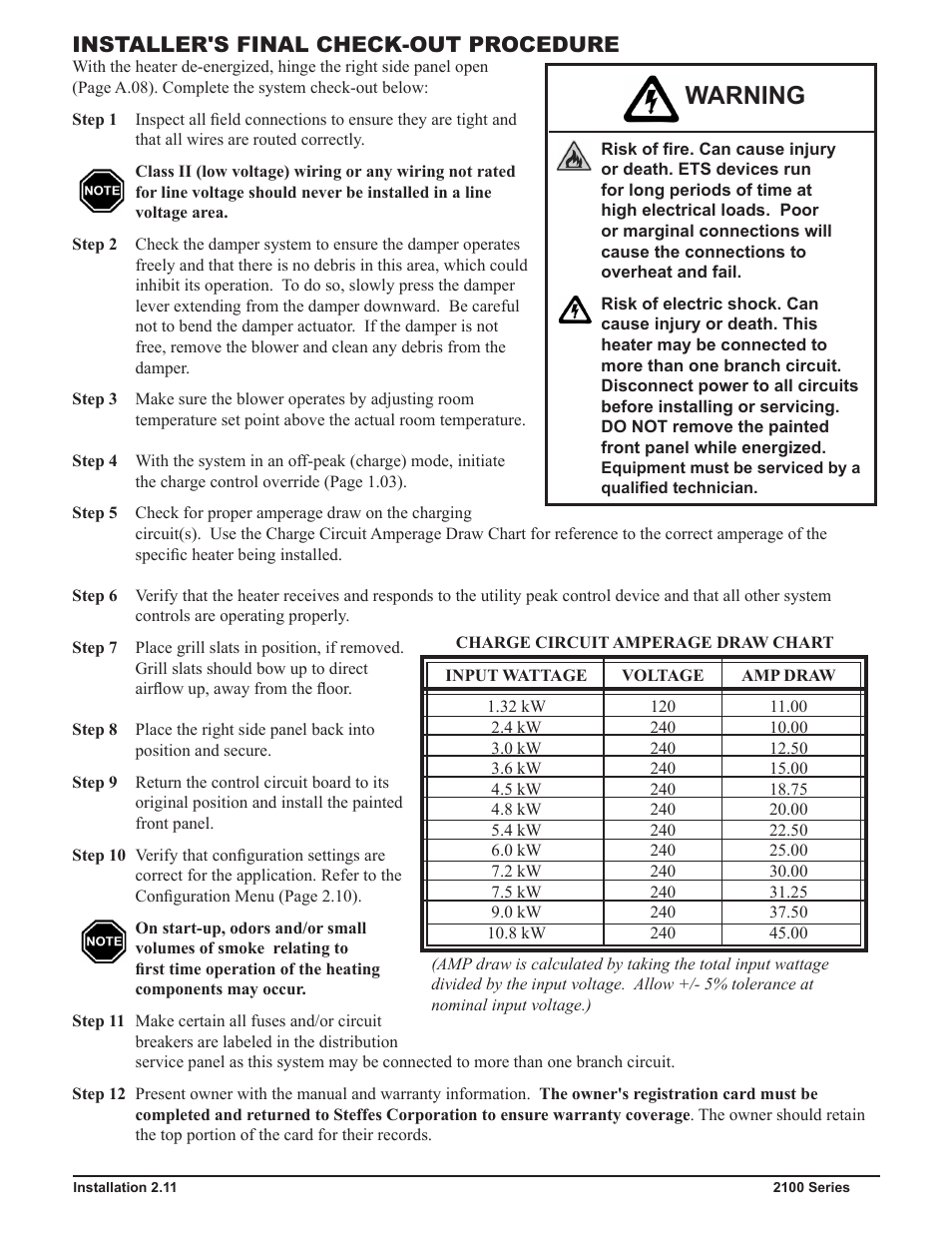 Warning, Installer's final check-out procedure | Steffes 2106 Owner & Installers Manual User Manual | Page 18 / 28